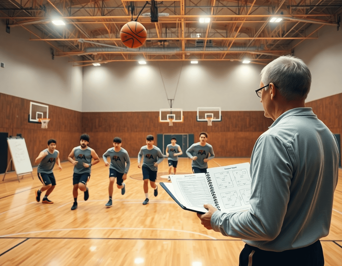 Coaching scene with basketball playbook pdf in hand guiding a tight on-court basketball drill.