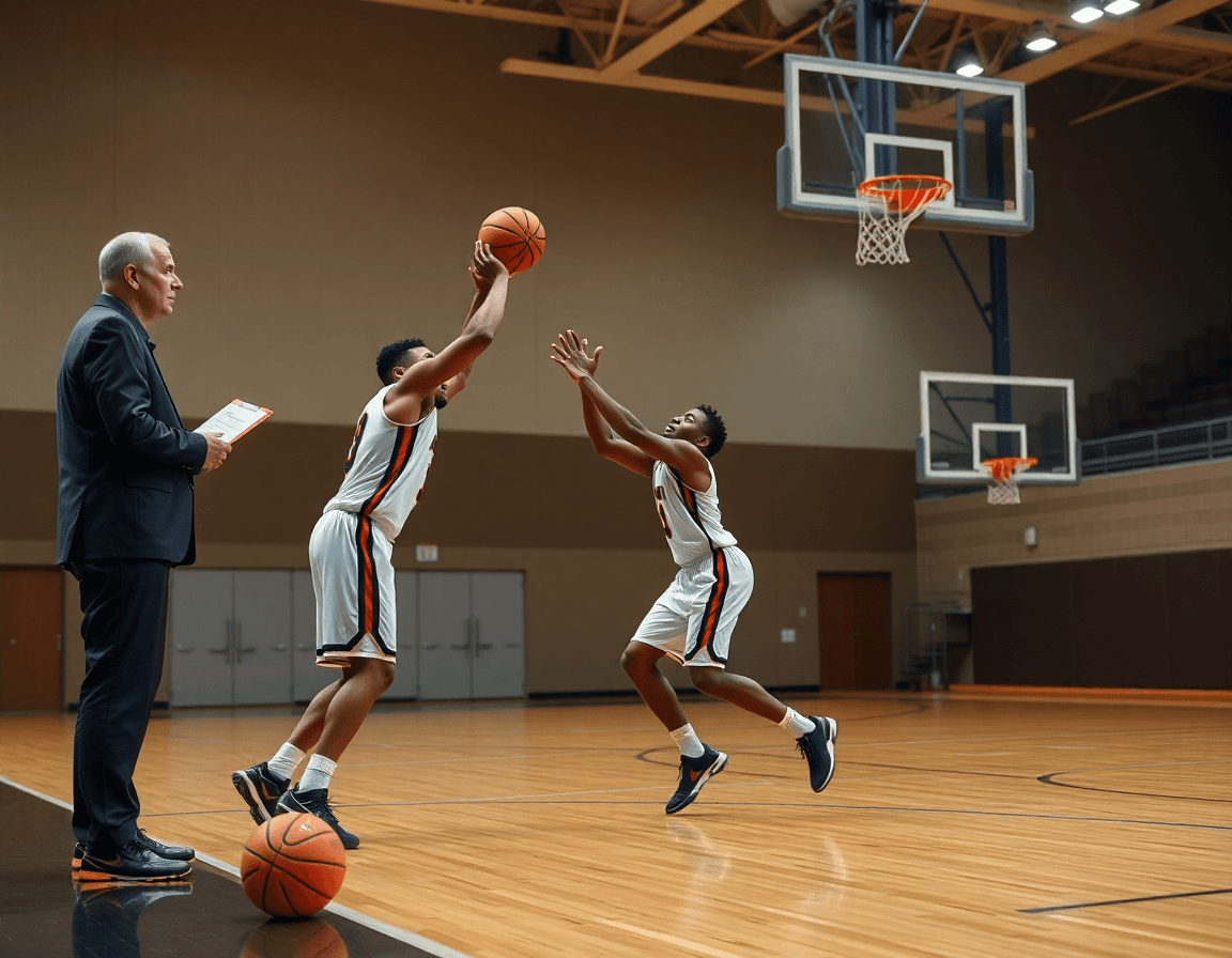 Two players perform a top-key basketball pass as the coach observes with a clipboard.