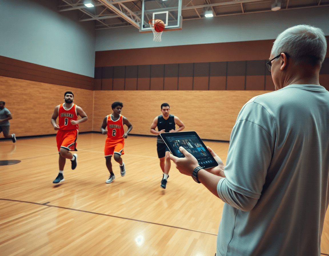 Five players run a basketball drill on the hardwood while the coach reviews video clips on a tablet.