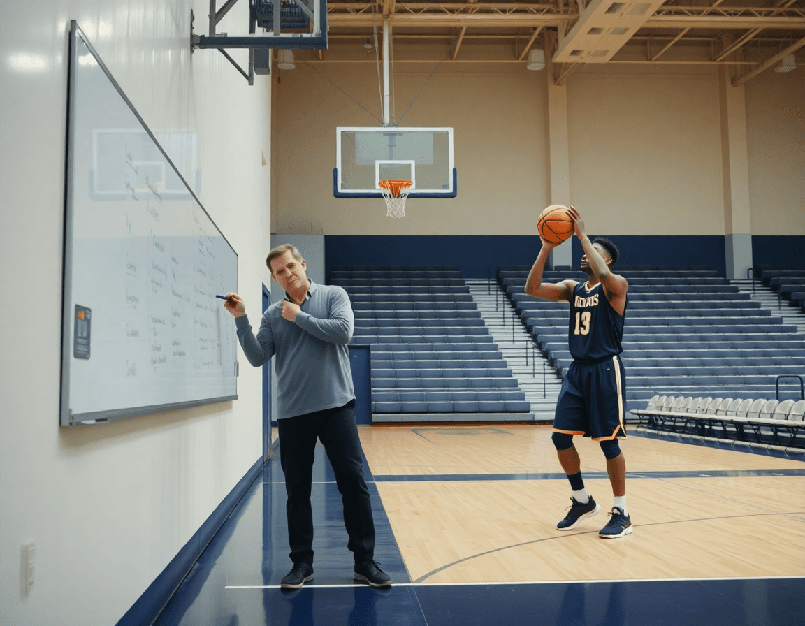 An assistant marks scouting notes on a whiteboard while a teammate takes shooting form reps with a basketball.
