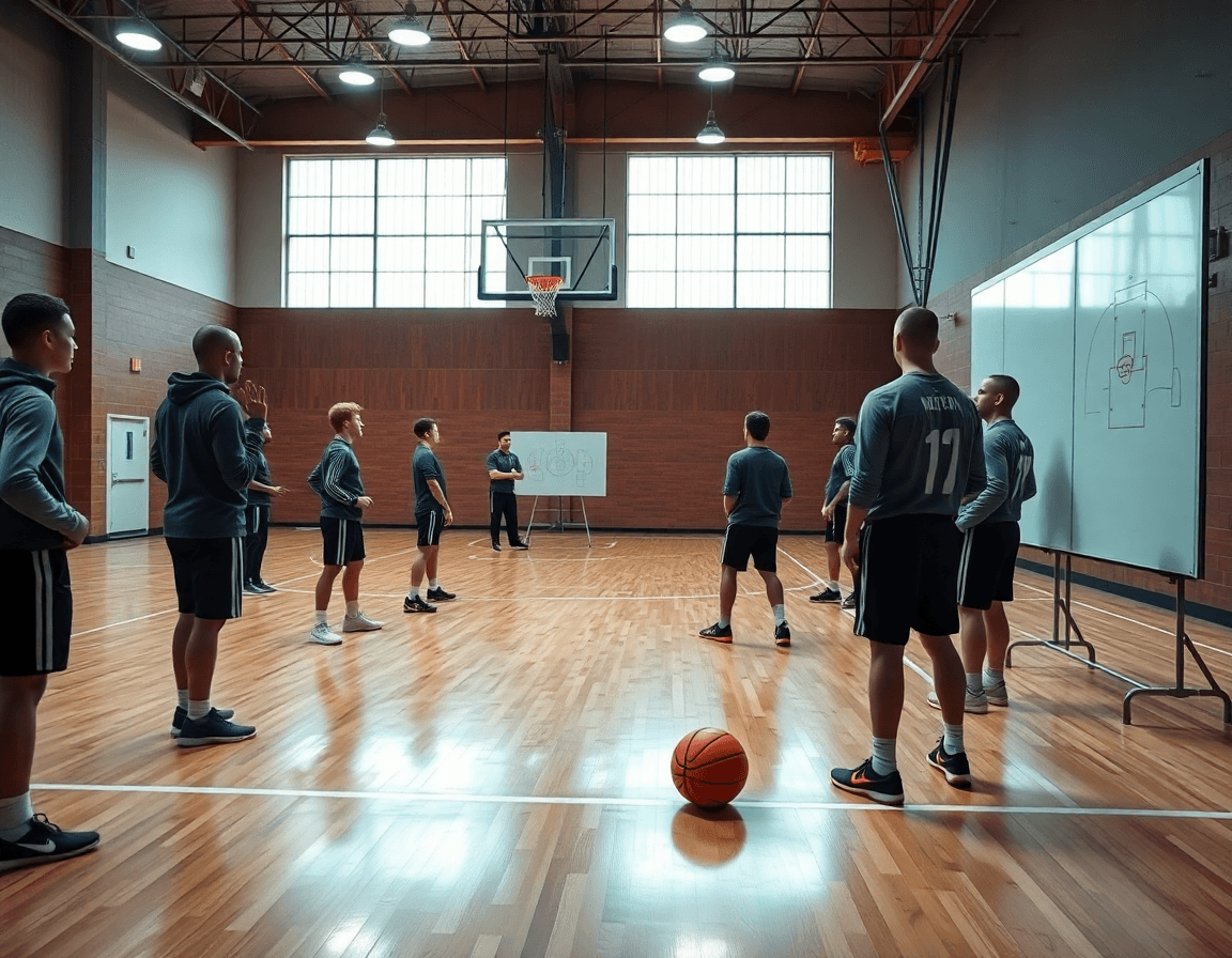 Wide cinematic basketball gym scene shows a coach outlining basketball playbook software to the team.
