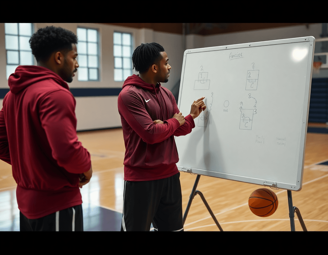 Coach sketches basketball plays on a whiteboard beside an open basketball playbook while players watch.