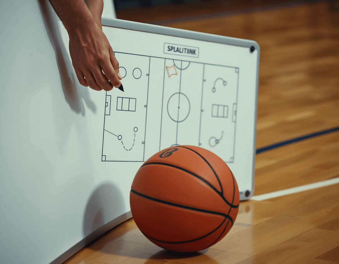 Close-up hands tracing basketball plays on a whiteboard beside a basketball resting on the hardwood.