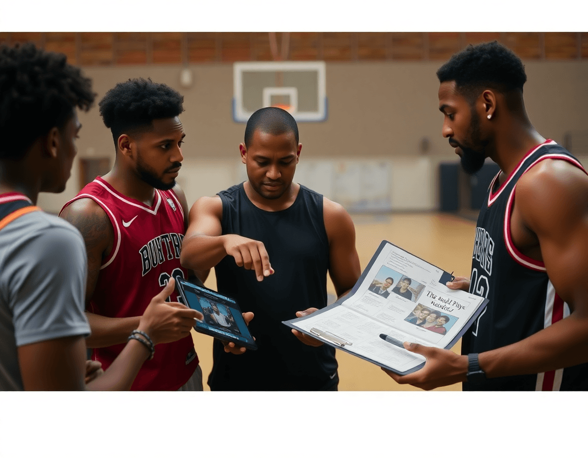 Group around tablet reviewing basketball clips as coach points to a basketball playbook on a clipboard.