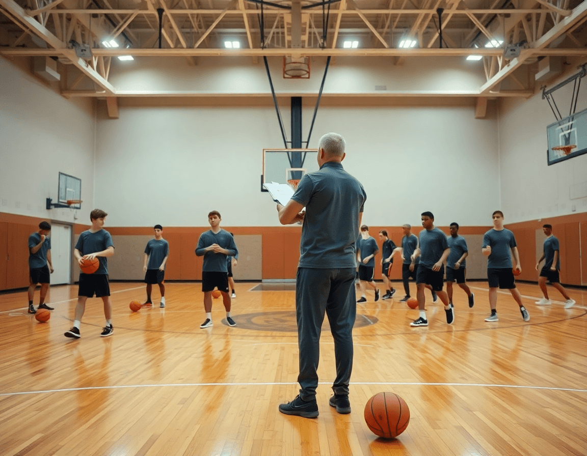 Wide gym scene with coach and players practicing basketball on a hardwood court, showcasing a basketball playbook.