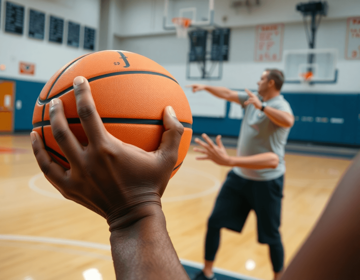 Close-up on hands and basketball during a shooting form drill, basketball player development form.