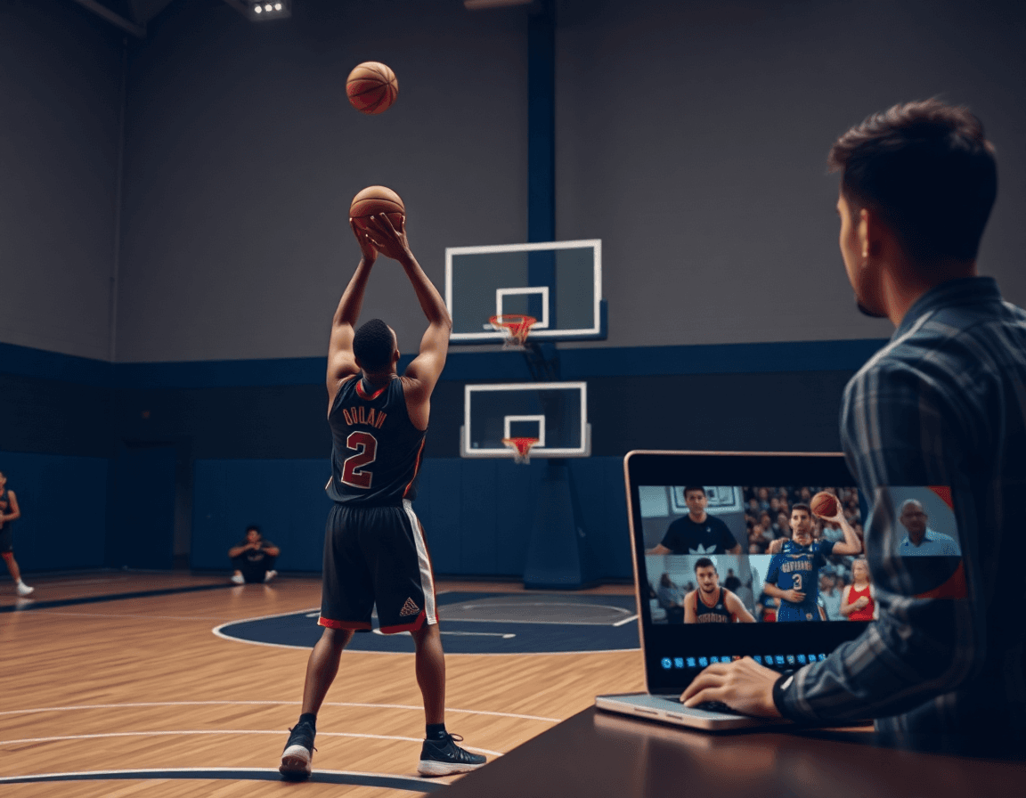 Two players practicing shot mechanics while the coach reviews basketball player development form on a laptop.