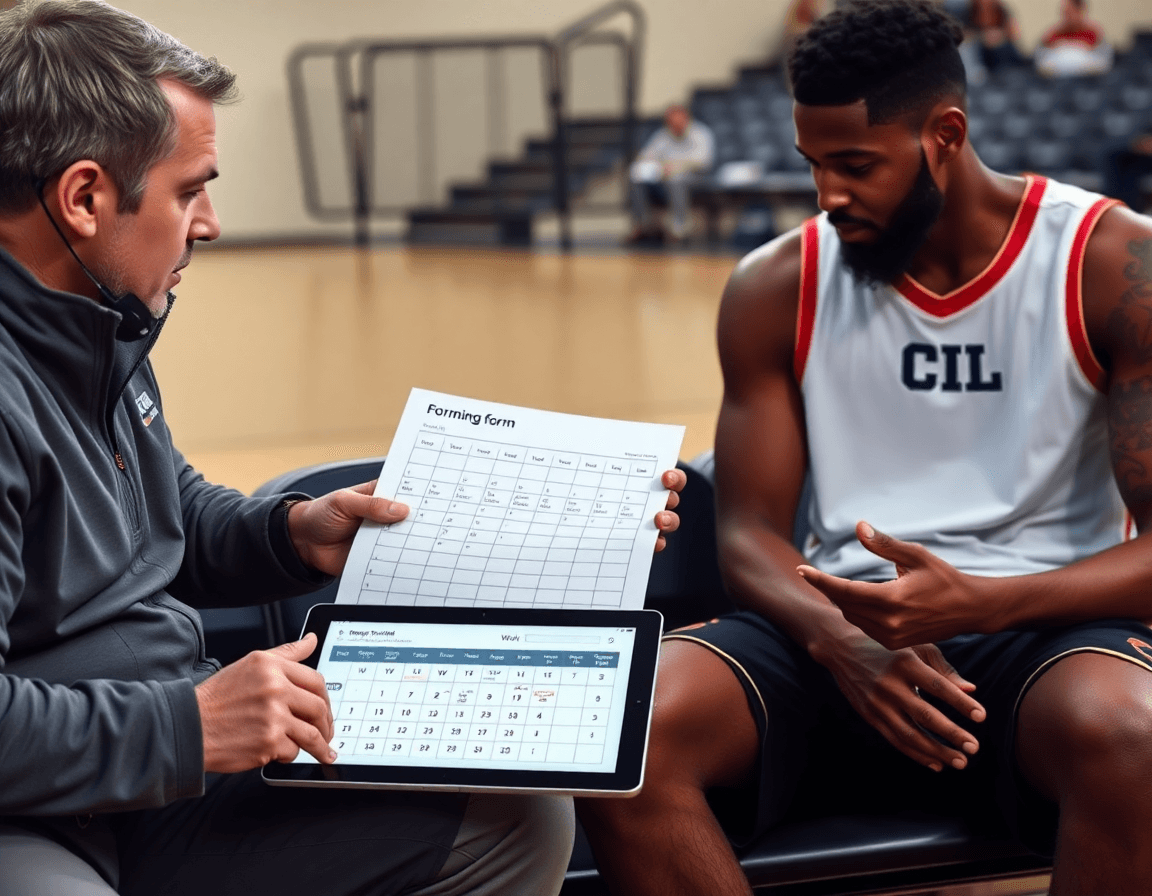 Coach and player review basketball player development form progress on a weekly sheet.