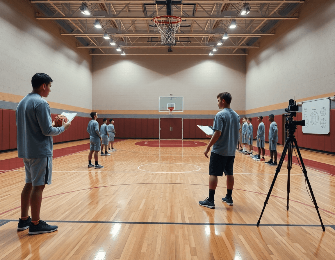 Wide basketball gym scene showing basketball player development form in a coaching session.