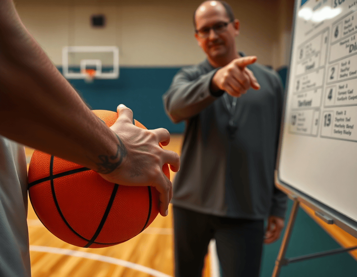 Close-up on hands gripping a basketball as the coach explains the basketball player development plan template.