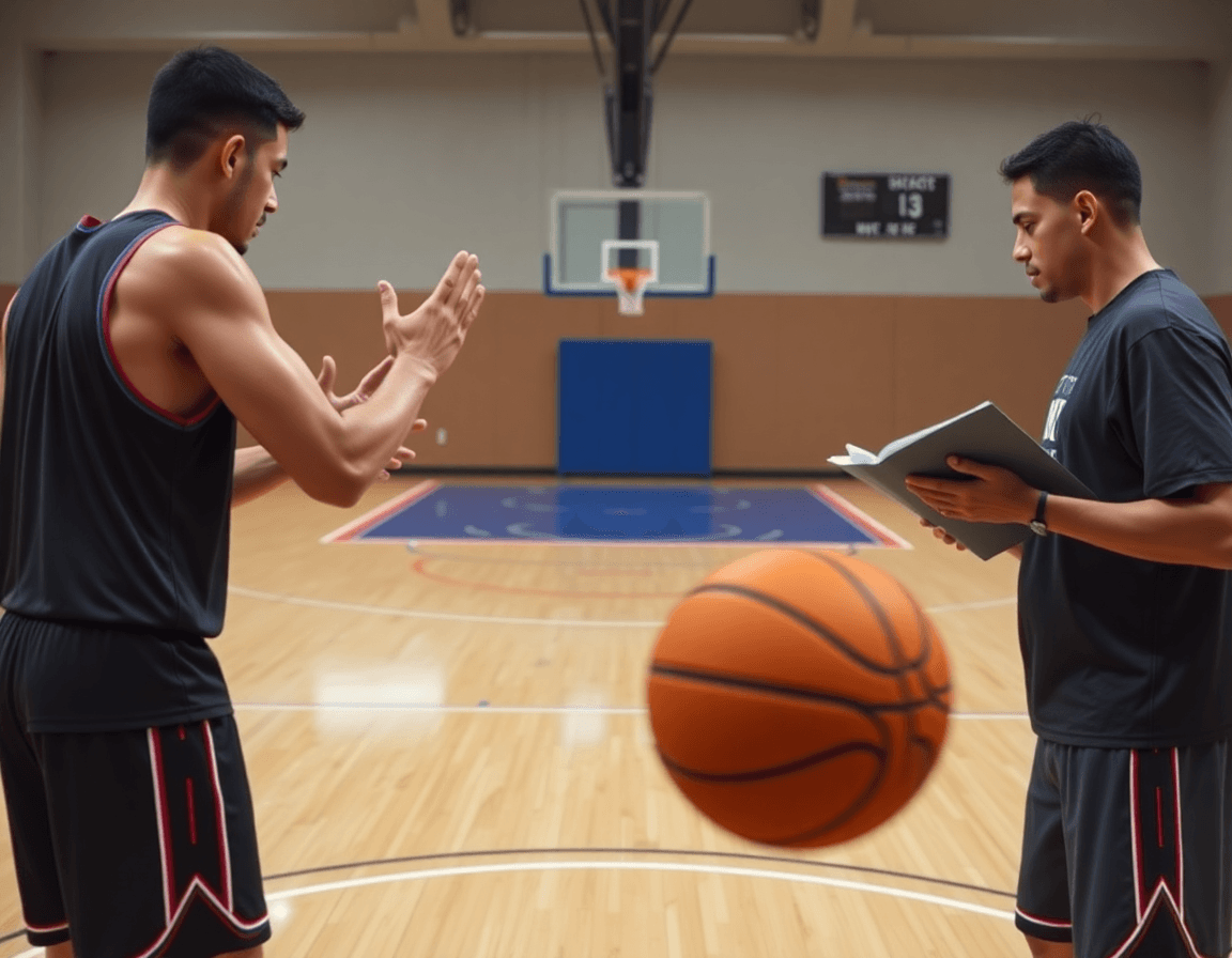 Two players practice a passing drill as the coach studies the basketball player development plan template.
