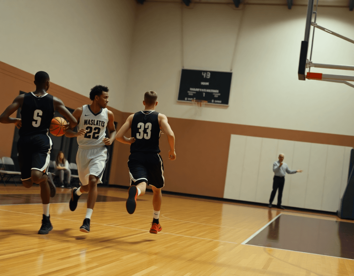 A fast-paced court drill shows basketball players moving as the basketball player development plan template guides the session.