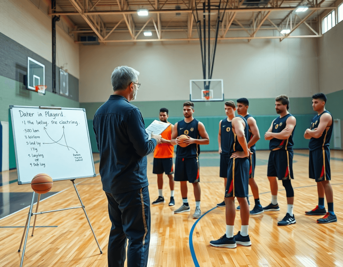 Wide basketball gym scene with a coach guiding the basketball player development plan template session.