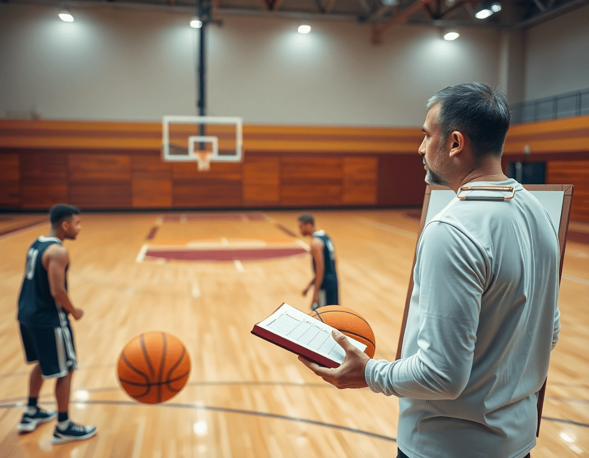 Coach reviews a basketball player evaluation rubric on a whiteboard during a weekly basketball drill.