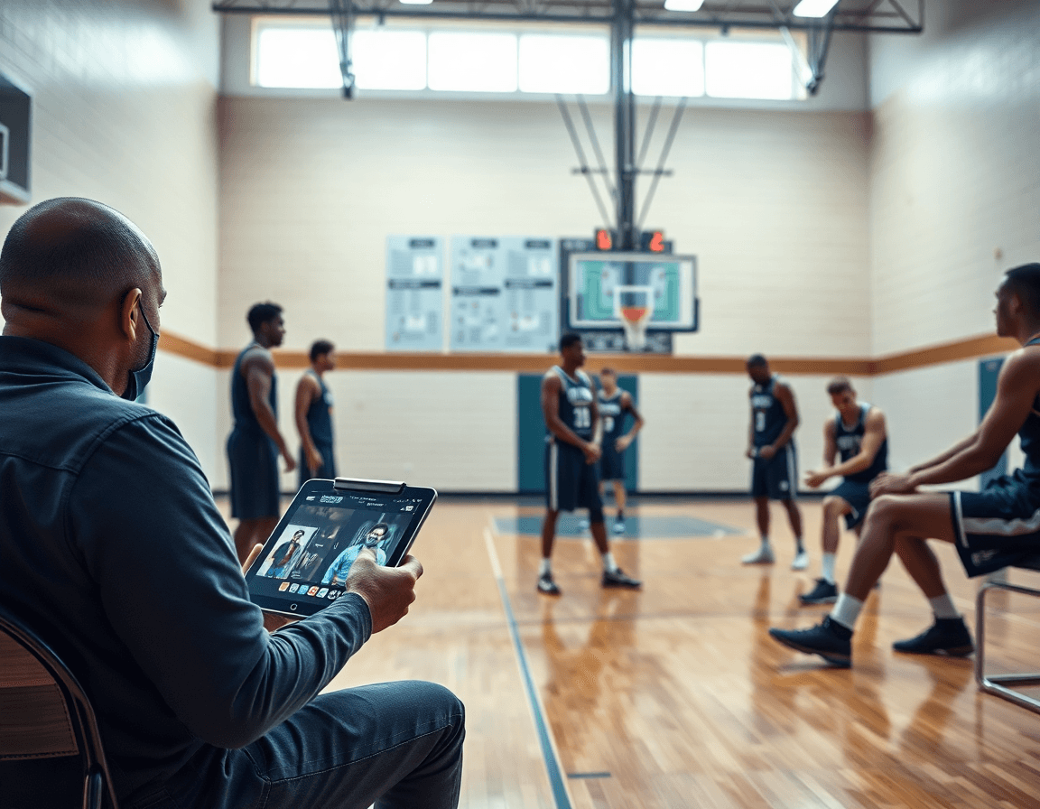Coach reviews scouting reports on a tablet during basketball practice, as players study plans on the basketball court.
