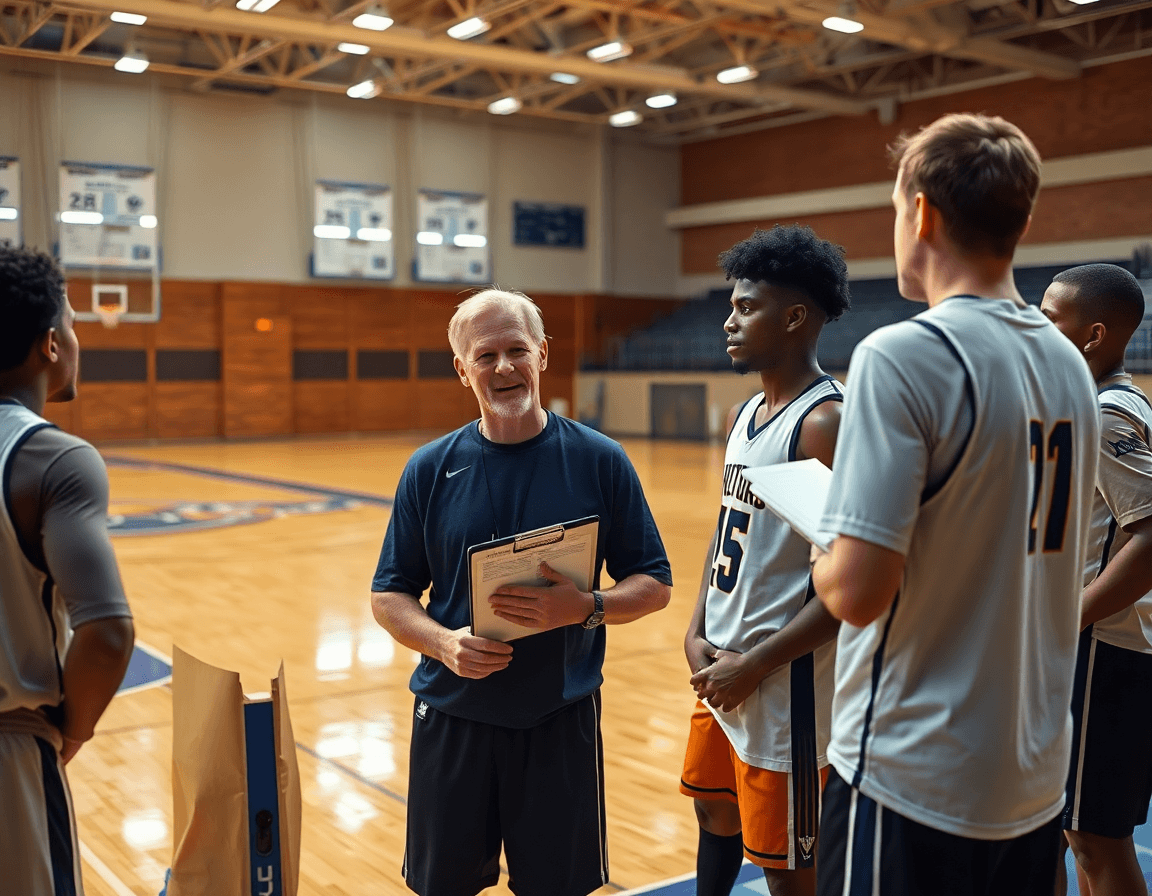 Coach provides clear feedback during tryouts using a basketball player evaluation rubric on the court.