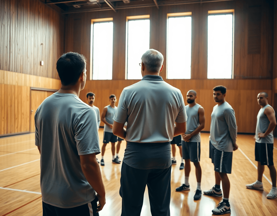 Wide basketball gym scene with a coach guiding a basketball player evaluation rubric during practice.