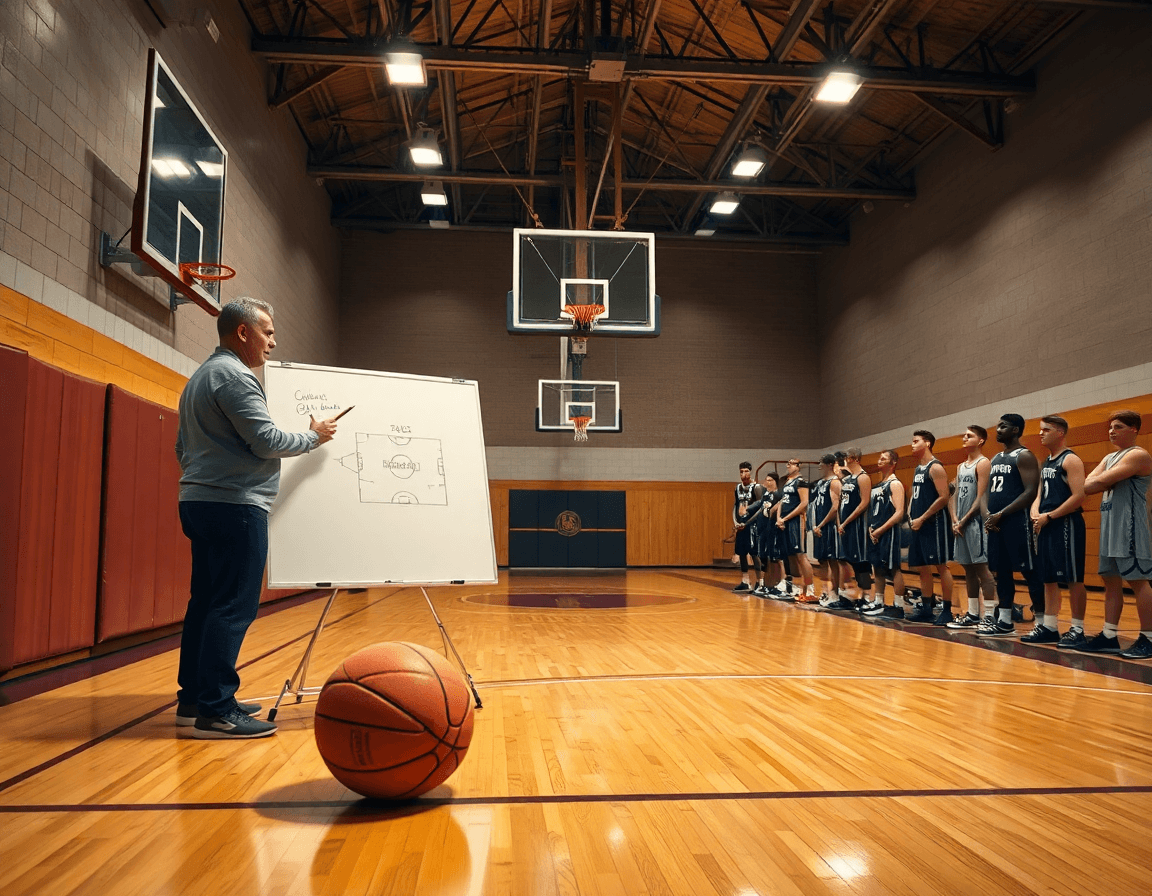 Close-up of hands and a basketball as a coach reviews a basketball player profile template.