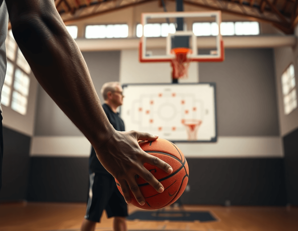 Close-up on a player's hands gripping an orange basketball during a basketball drill.