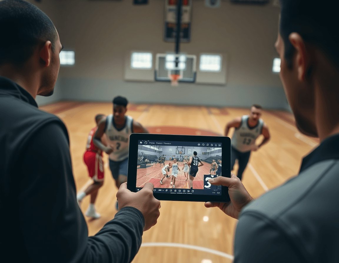 Tight shot of basketball players sprinting on hardwood as a coach checks basketball video clips.