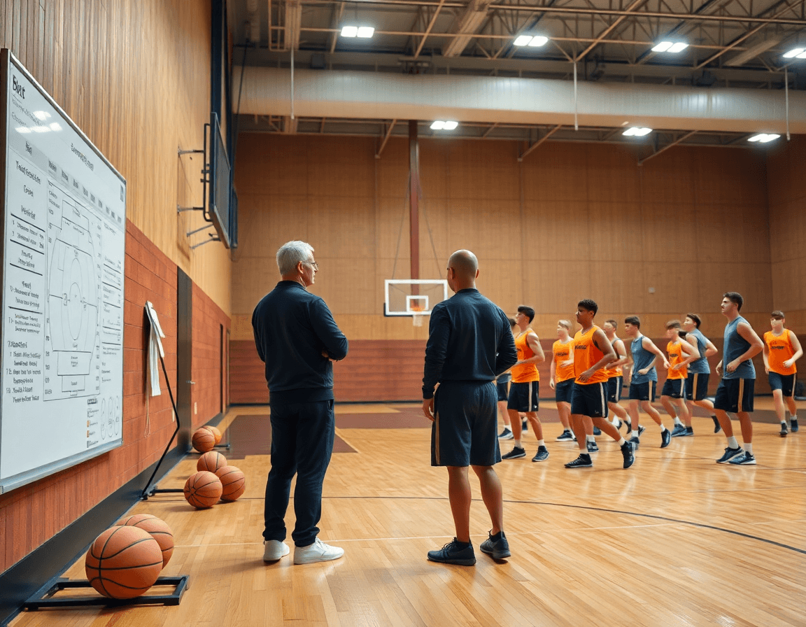 Wide shot of basketball coach and team, showcasing a basketball player profile template in use.