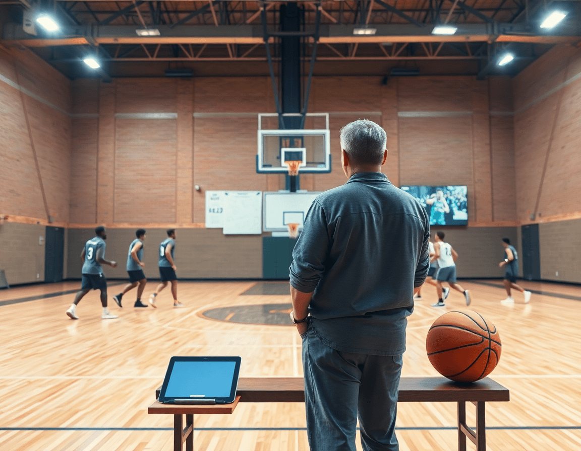 Wide gym scene showing a basketball player scouting report in action during team practice.