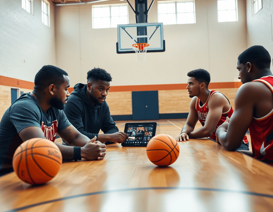 Coach and players review a basketball playlist on a tablet in a gym.