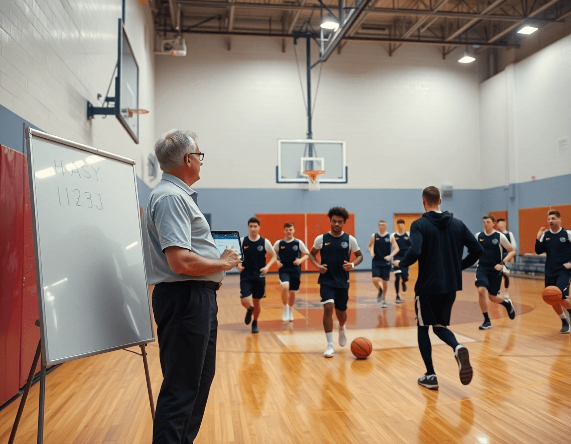 Wide-angle basketball gym scene with coach planning a play near the whiteboard and basketball hoop.