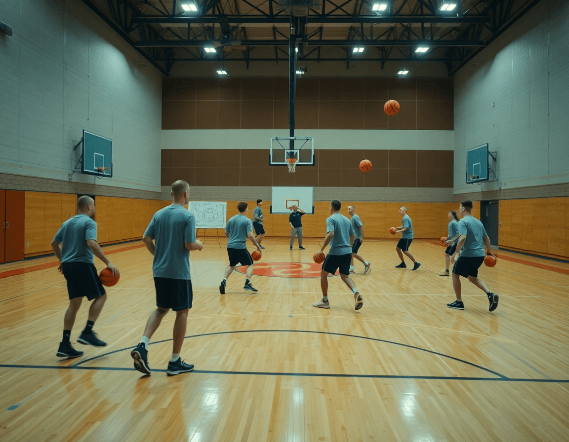 Wide cinematic basketball gym scene showing basketball plays against zone as coach uses a tactics whiteboard on court.