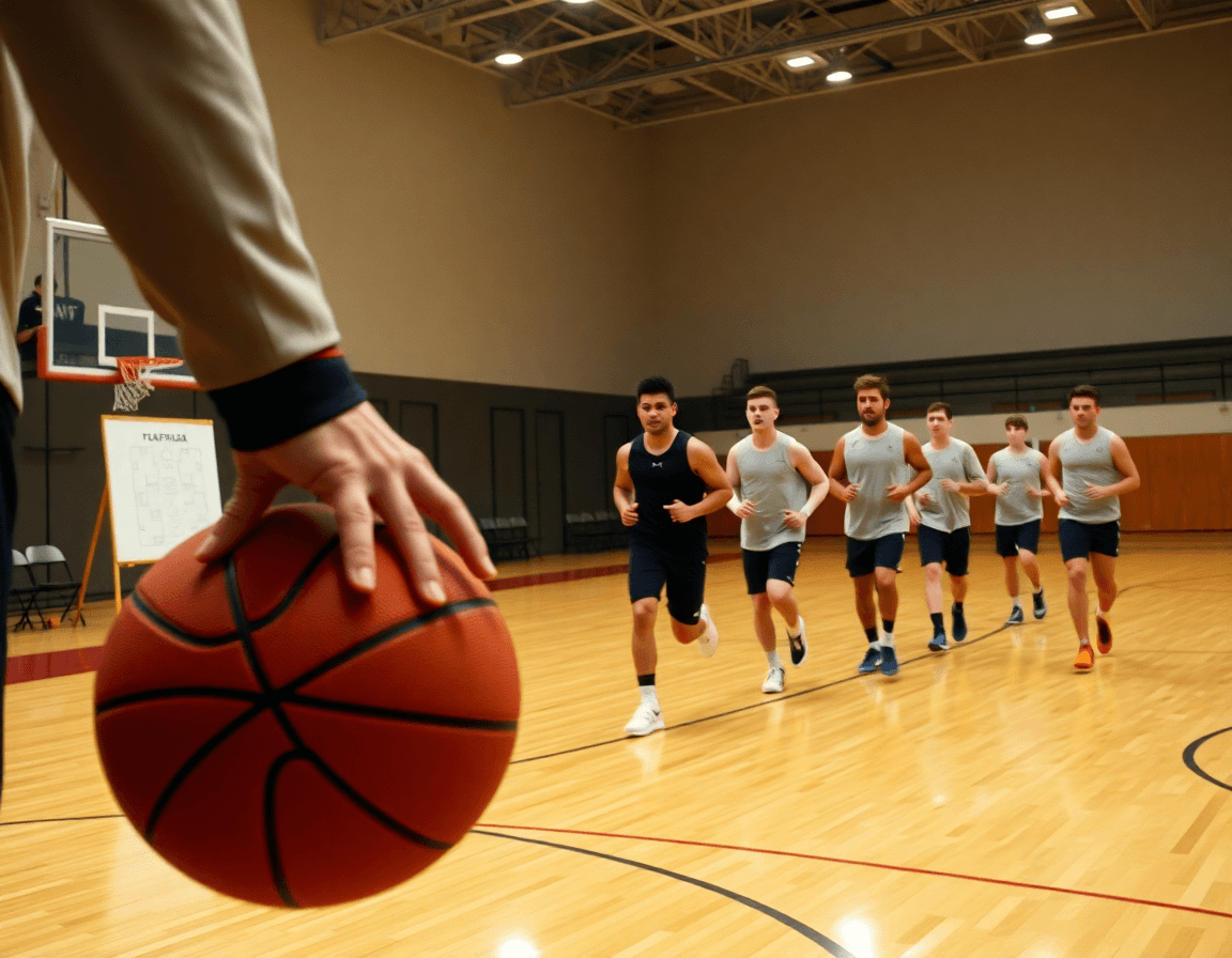 Close-up of hands on a basketball with a coach explaining basketball plays app concepts on a whiteboard.