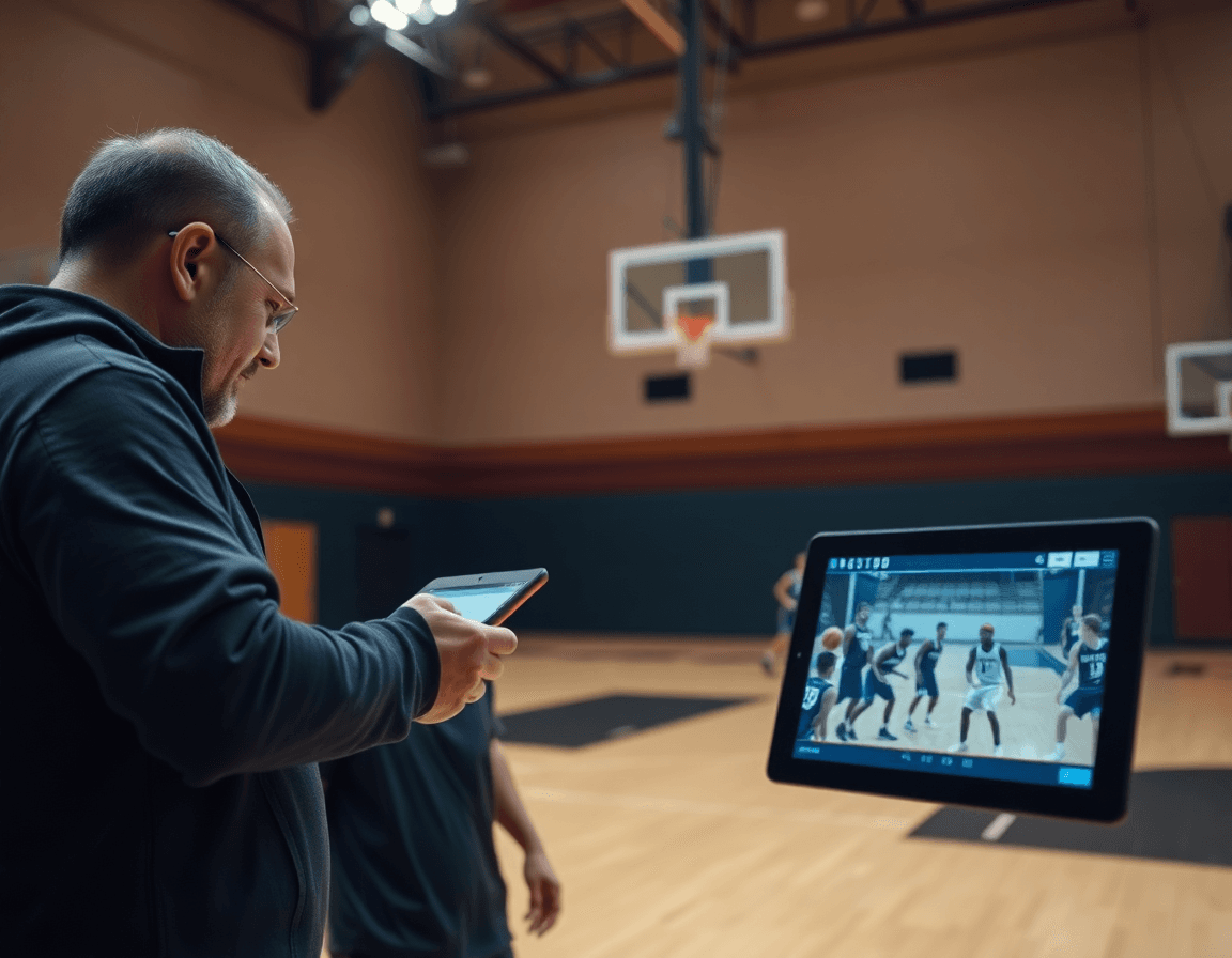 Players review video clips with a coach in a gym to reinforce basketball plays app concepts.