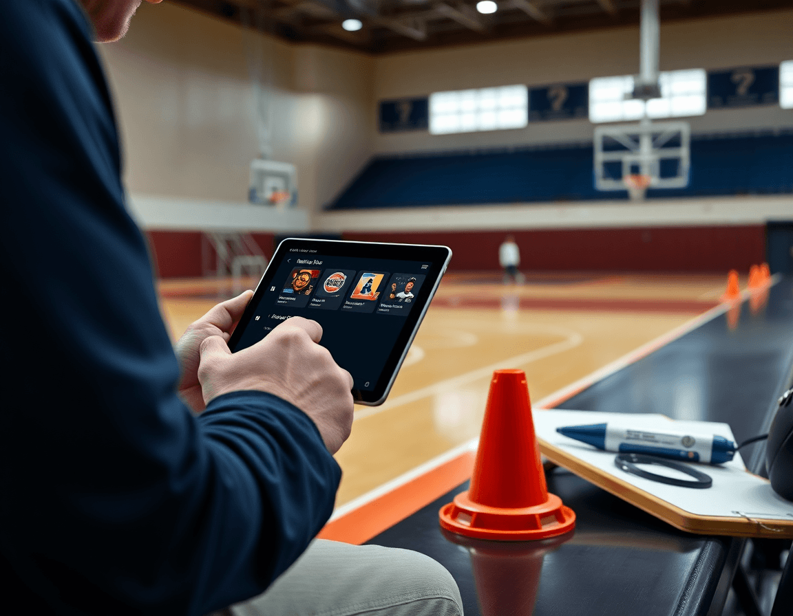 On a basketball court, a coach uses a basketball plays app on a tablet for on-court planning.
