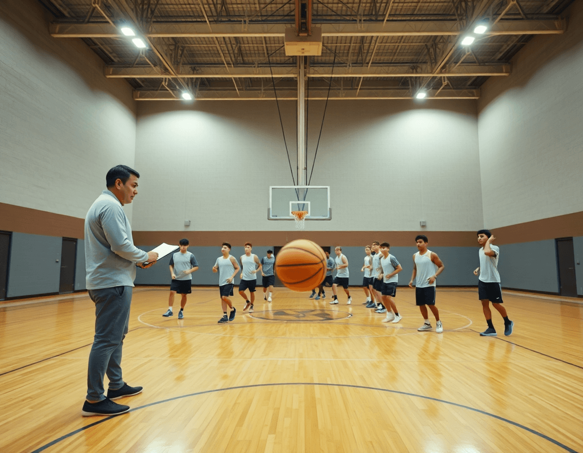basketball plays app setup in a gym: a coach guides players on a hardwood court during practice.