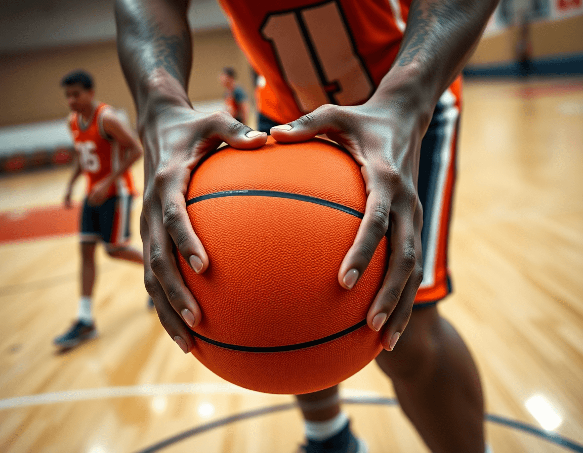 Close-up of hands gripping a bright orange basketball during basketball plays defense on the hardwood court.
