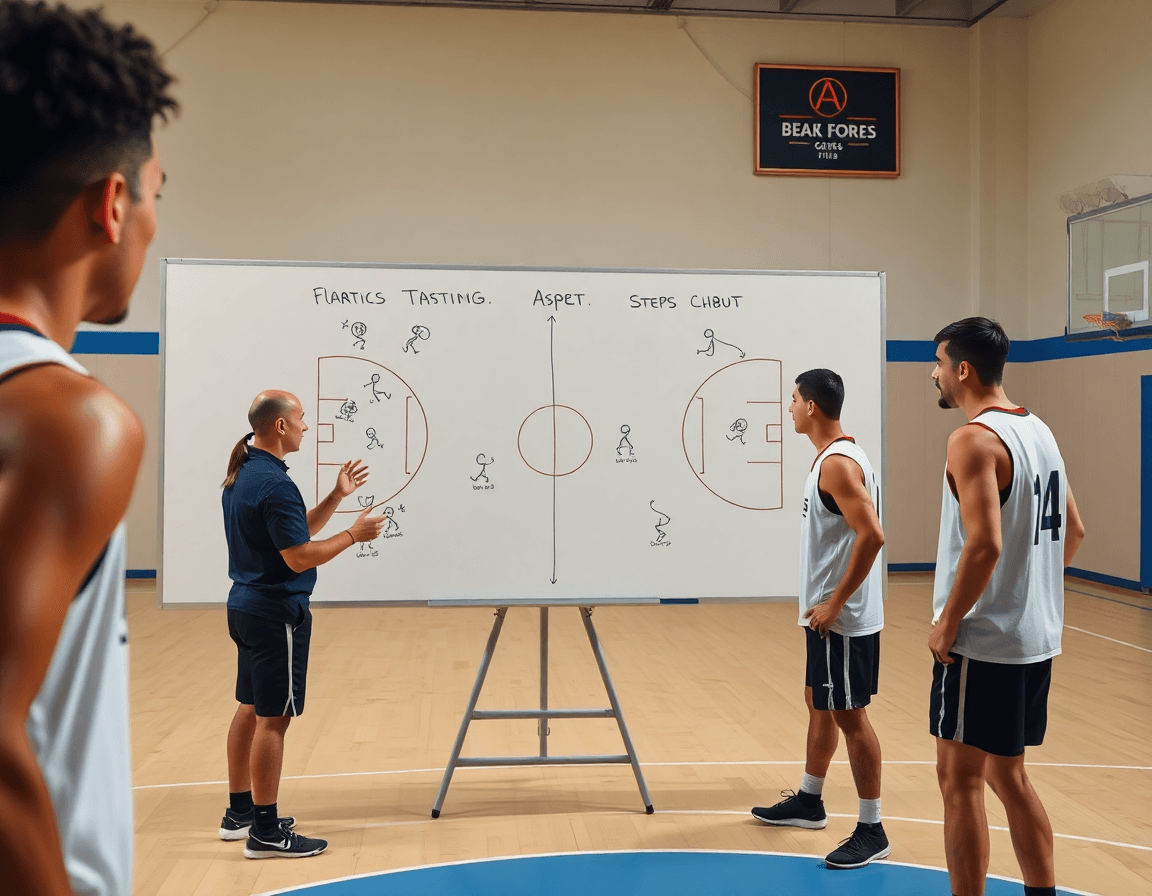 Coach at whiteboard describing basketball defensive positions while players practice basketball slide steps.