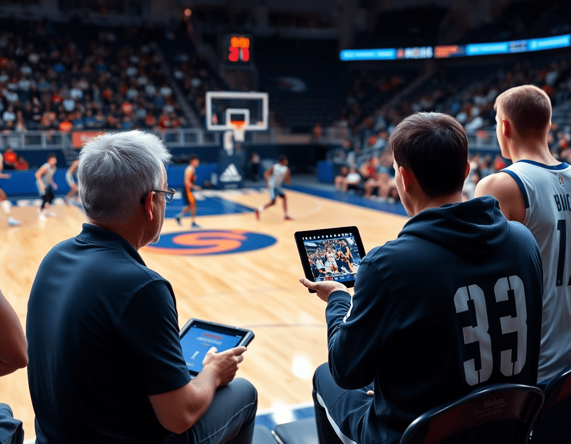 Courtside, a coach shows a scouting clip on a tablet as players watch basketball plays defense on hardwood.