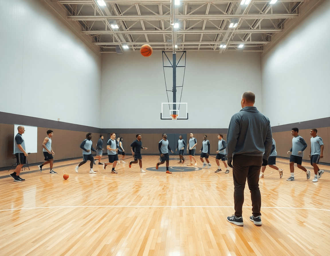Wide basketball gym scene showing basketball plays defense as a coach guides a full-team drill.