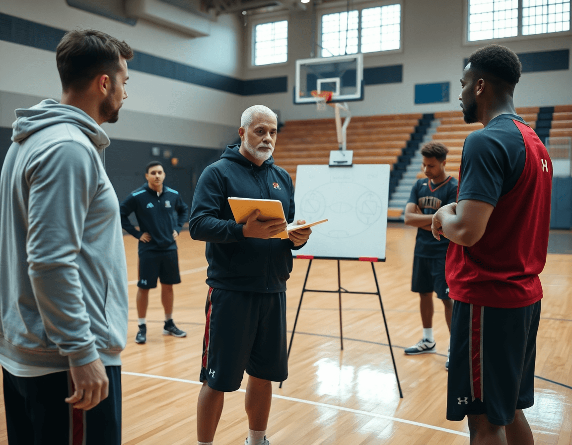 Coach studies scouting notes and whiteboard drawings to tailor basketball plays offense.