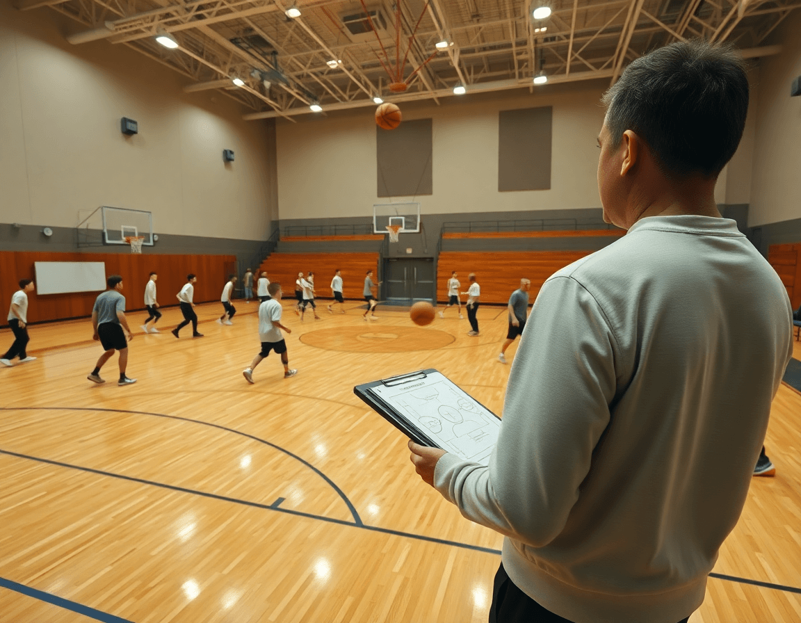 Wide cinematic view of a basketball gym during practice, installing basketball plays offense.