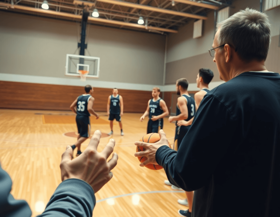 Close-up of hands guiding basketball plays pdf as the coach explains the drill to players.