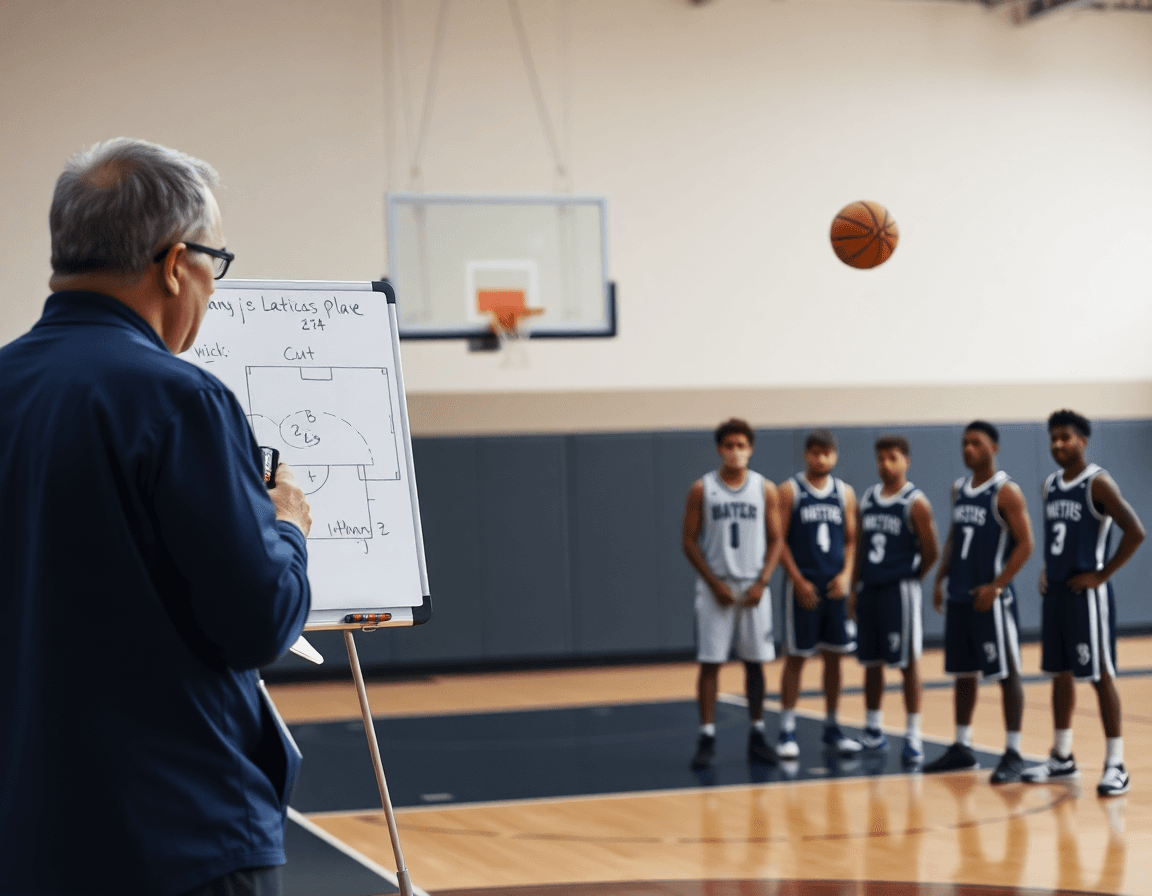 Inbound basketball play pdf diagram beside sideline, players ready, gym lights overhead bright.