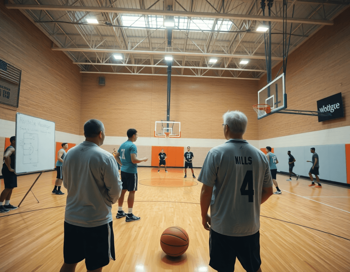 Wide shot of a basketball gym with coach and players planning basketball plays pdf.