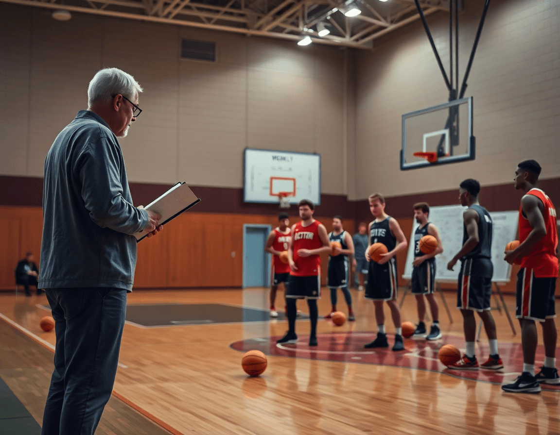 Coach with clipboard guides the weekly drill plan on the hardwood basketball court with focused players.