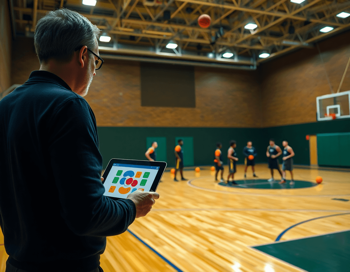 Coach uses a tablet to map plays on the basketball court during a drill.