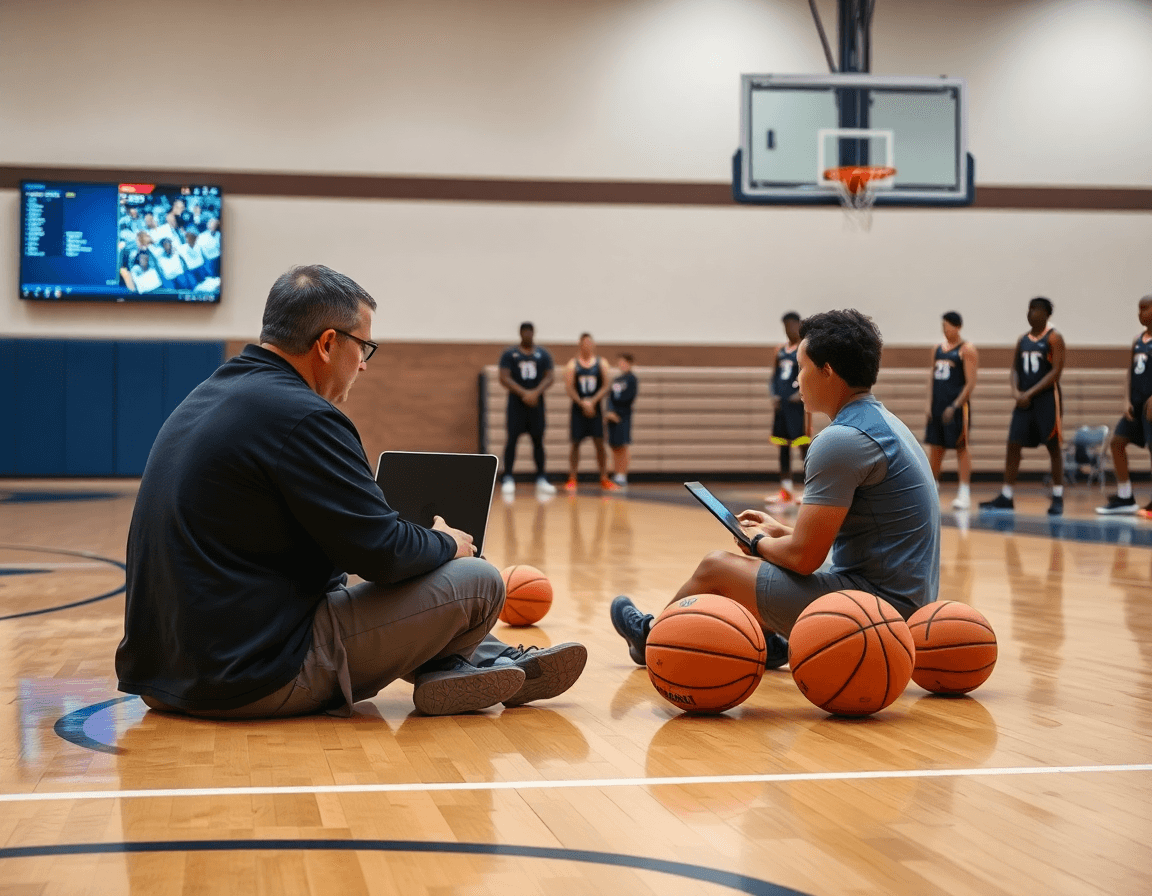Coach and assistant review basketball clips to build playlists for players and staff.