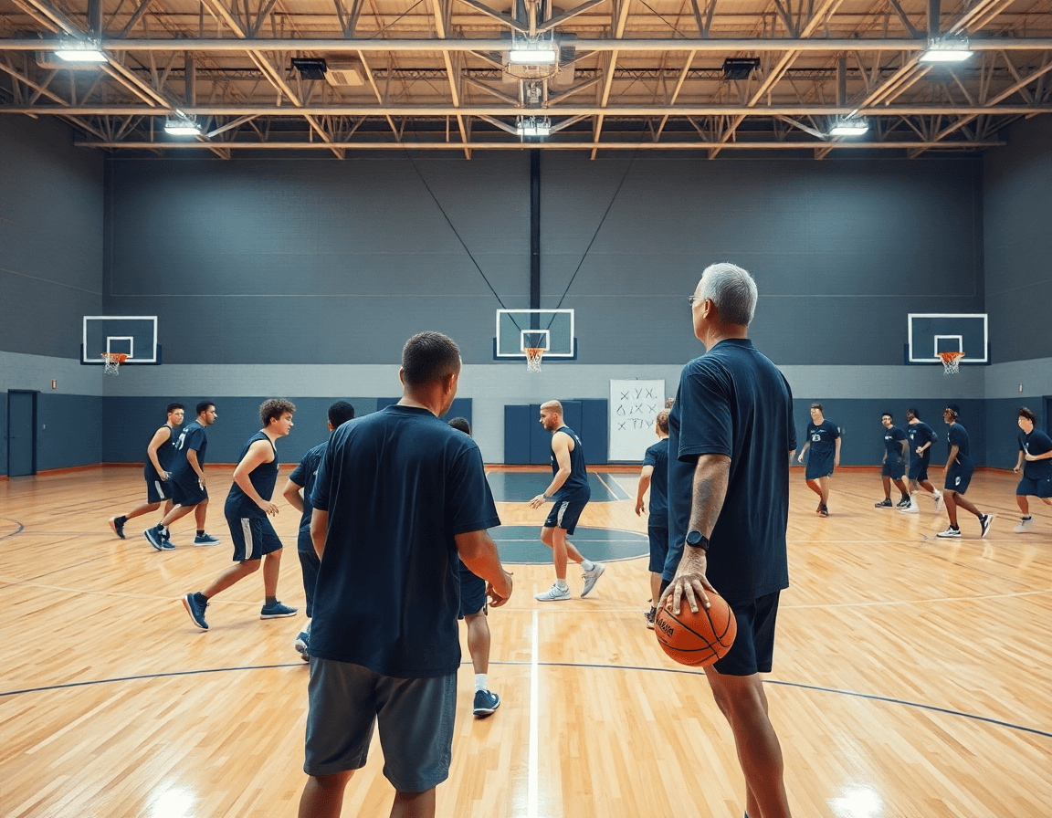 Wide shot of a basketball gym where a coach plans basketball plays software in action.
