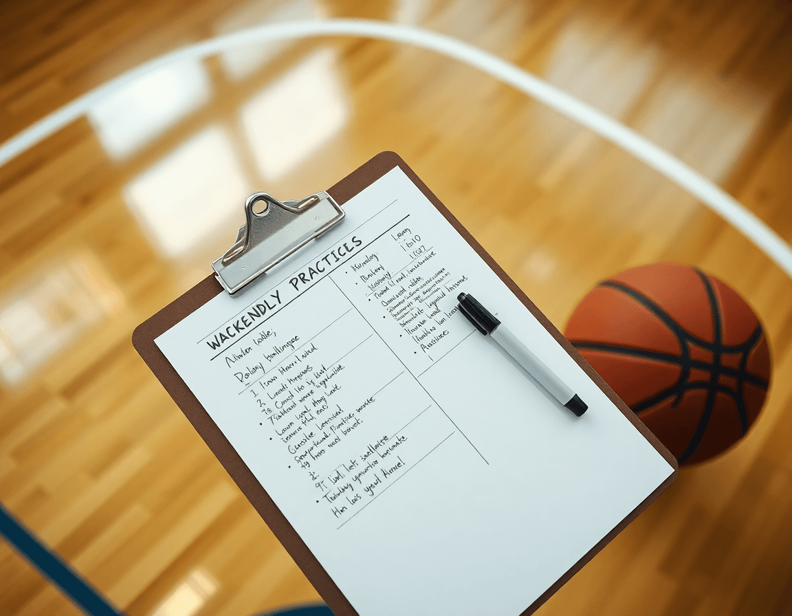 Coach's weekly practice plan on a clipboard