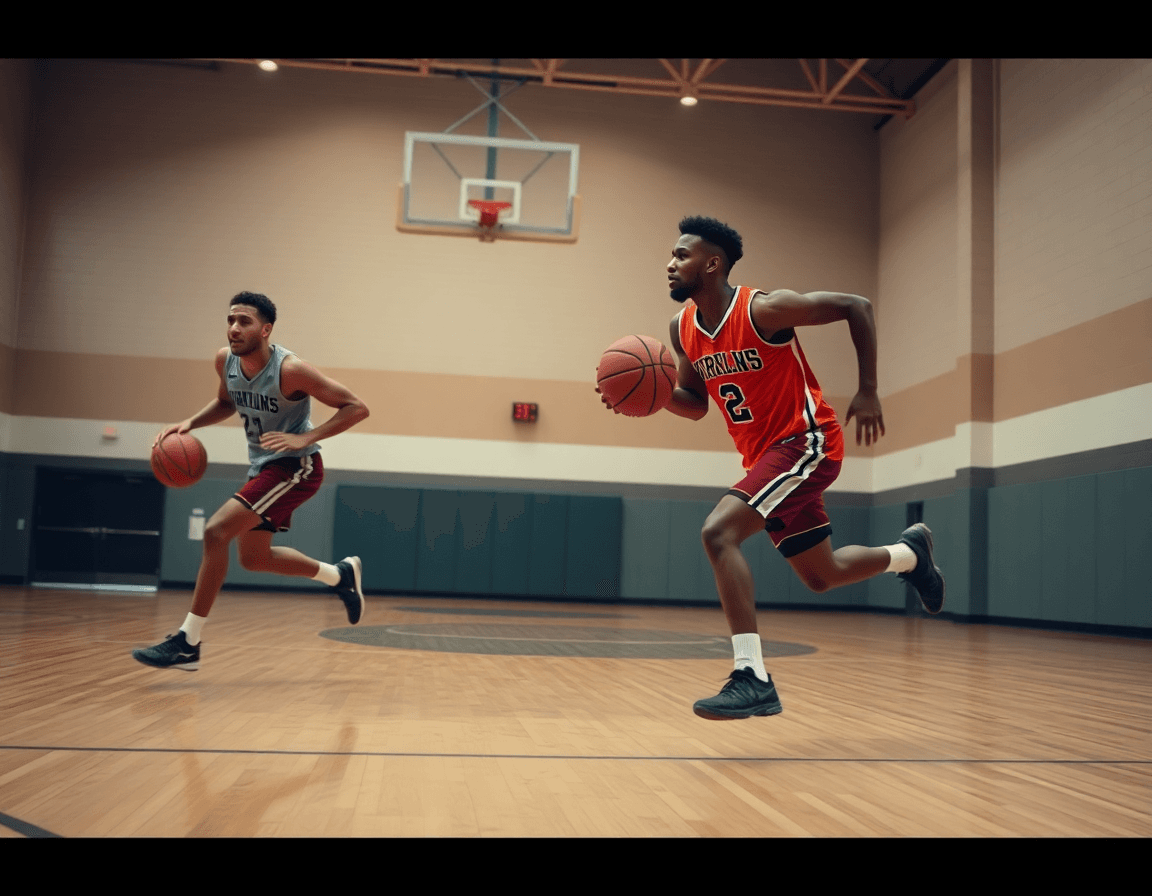 Players running a fast-break drill in practice