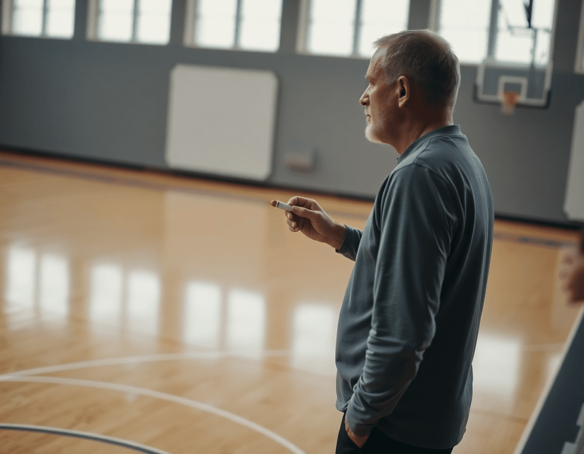 Coach explaining tactics on a gym whiteboard