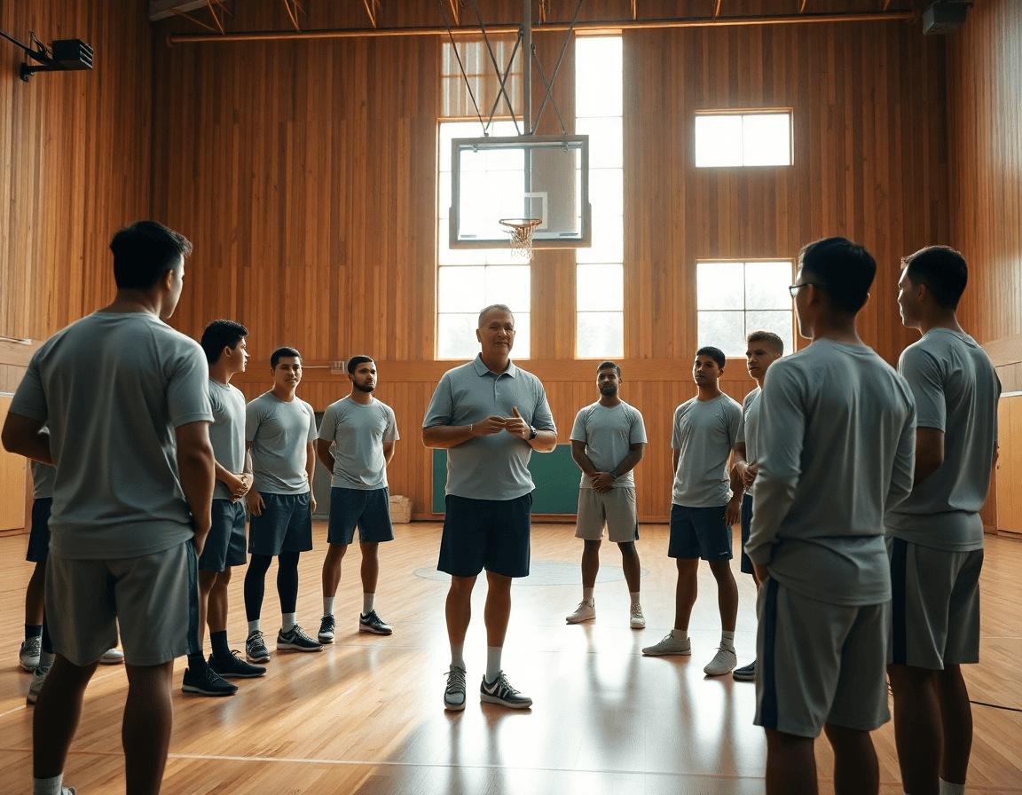 Basketball coach leading a team practice in a gym